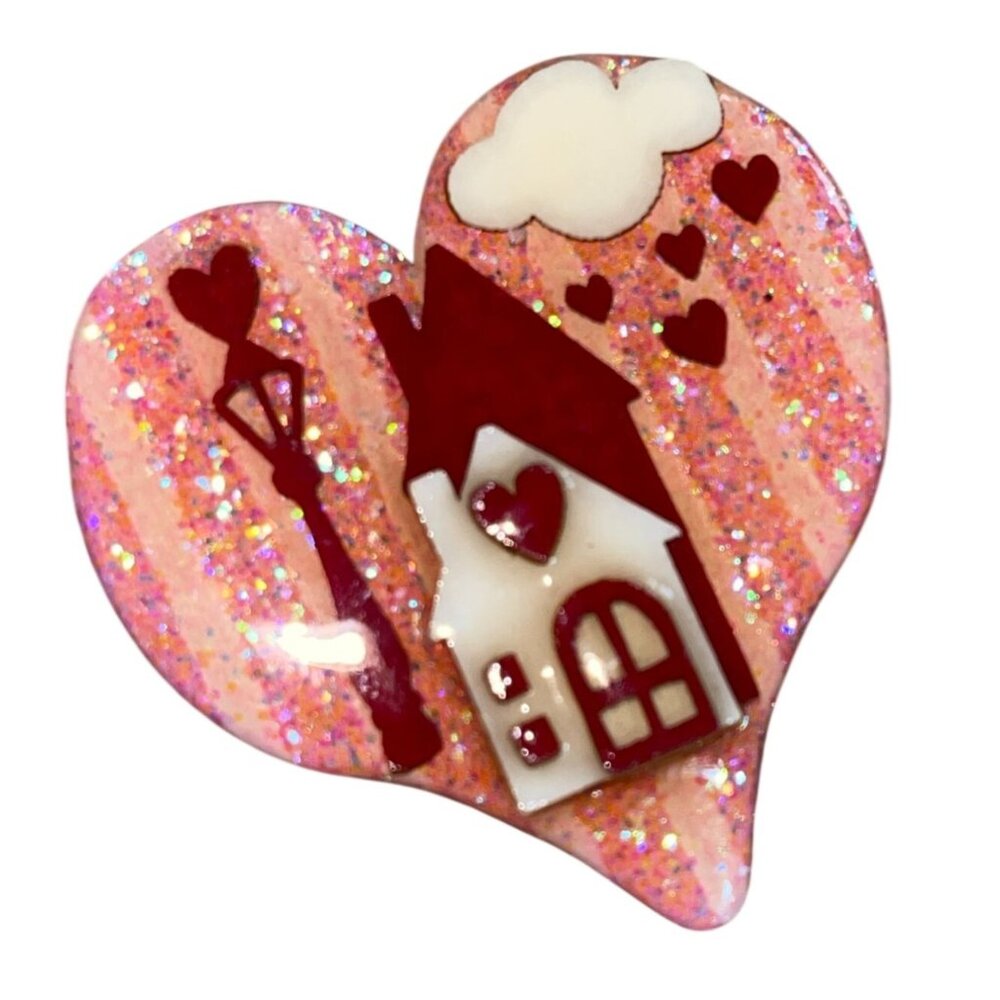 Vintage Lucinda Heart Shape Pin Glittery House Valentine Theme Red Pink Cream - Picture 5 of 16